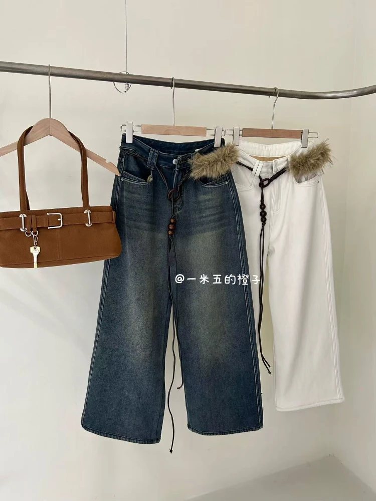 植绒阔腿牛仔裤小个子9033