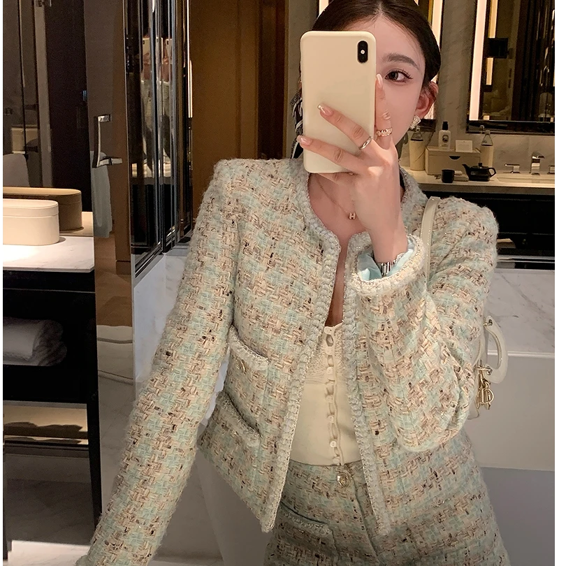 小香风网红时尚复古气质套装小个子编织粗花呢马甲外套短裤两件套