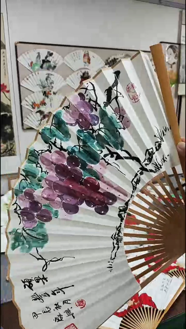 国画9.5寸18方水磨玉竹-入门文玩扇-连-手绘国画硕果累累