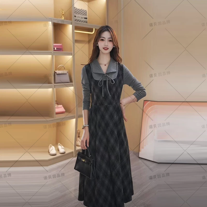 nuobeiyin/诺贝因秋季收腰显瘦格子拼接假两件连衣裙子NTS683035