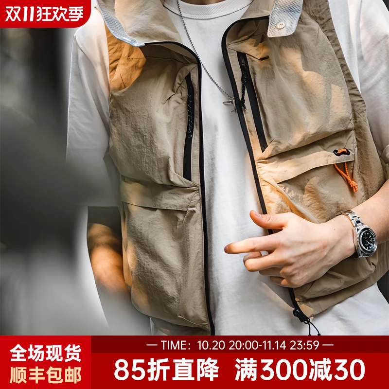 马登工装山系机能速干马甲多口袋连帽户外露营钓鱼无袖坎肩男春夏