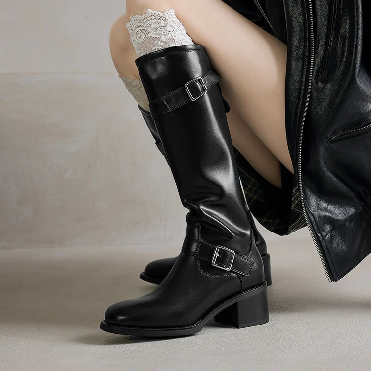 【跟高5.5公分】【尺码34-39】新款长筒秋冬时尚真皮百搭圆头高筒靴