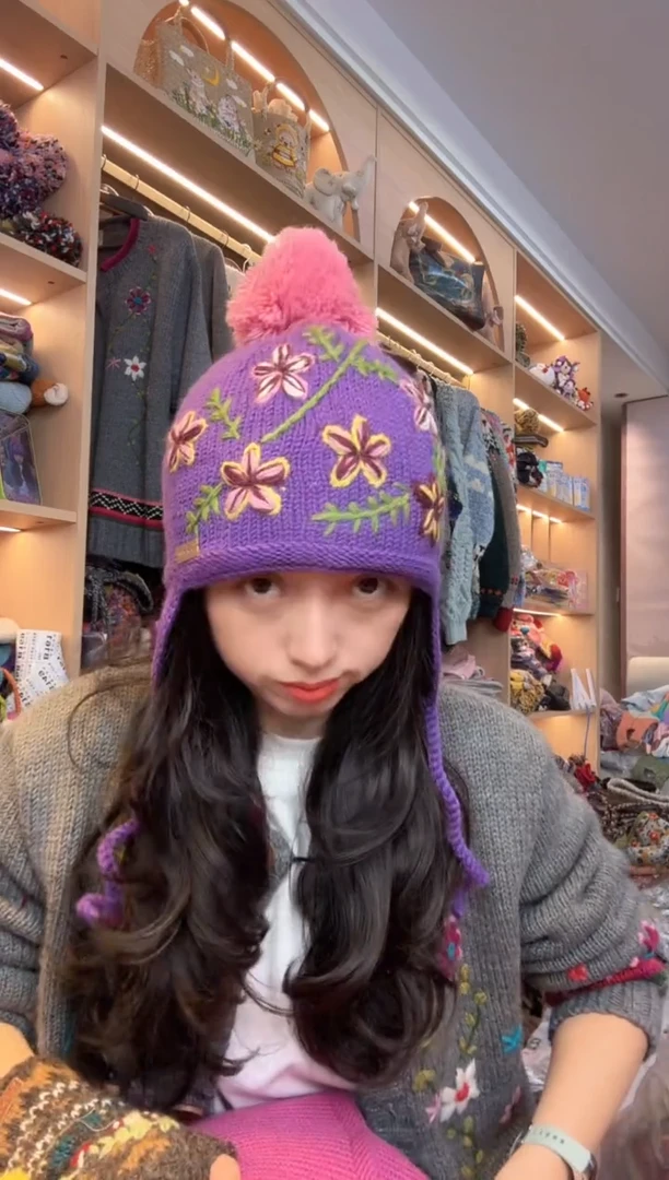 纯棉美利奴紫色护耳帽