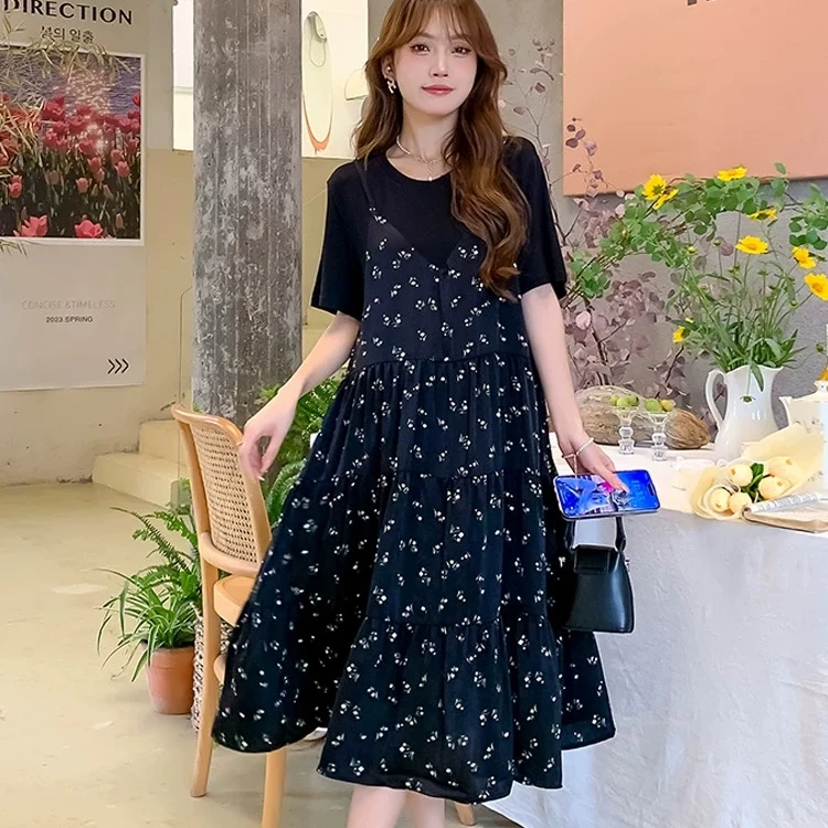 6022洋气假两件收腰显瘦碎花连衣裙