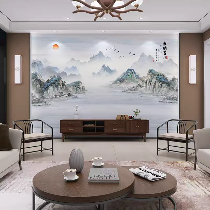 炎夏定制中式山水电视墙装饰画碳晶板客厅沙发竹木纤维打印板画