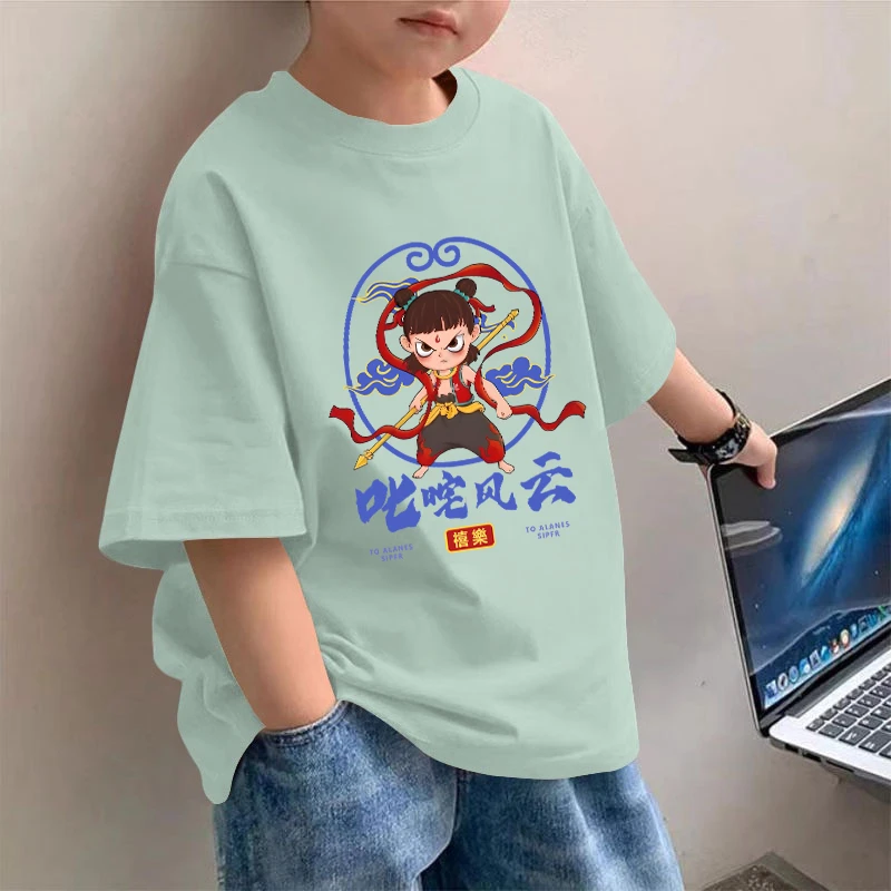 哪吒男童纯棉圆领短袖T恤重磅夏季宽松上衣时尚休闲儿童国潮流