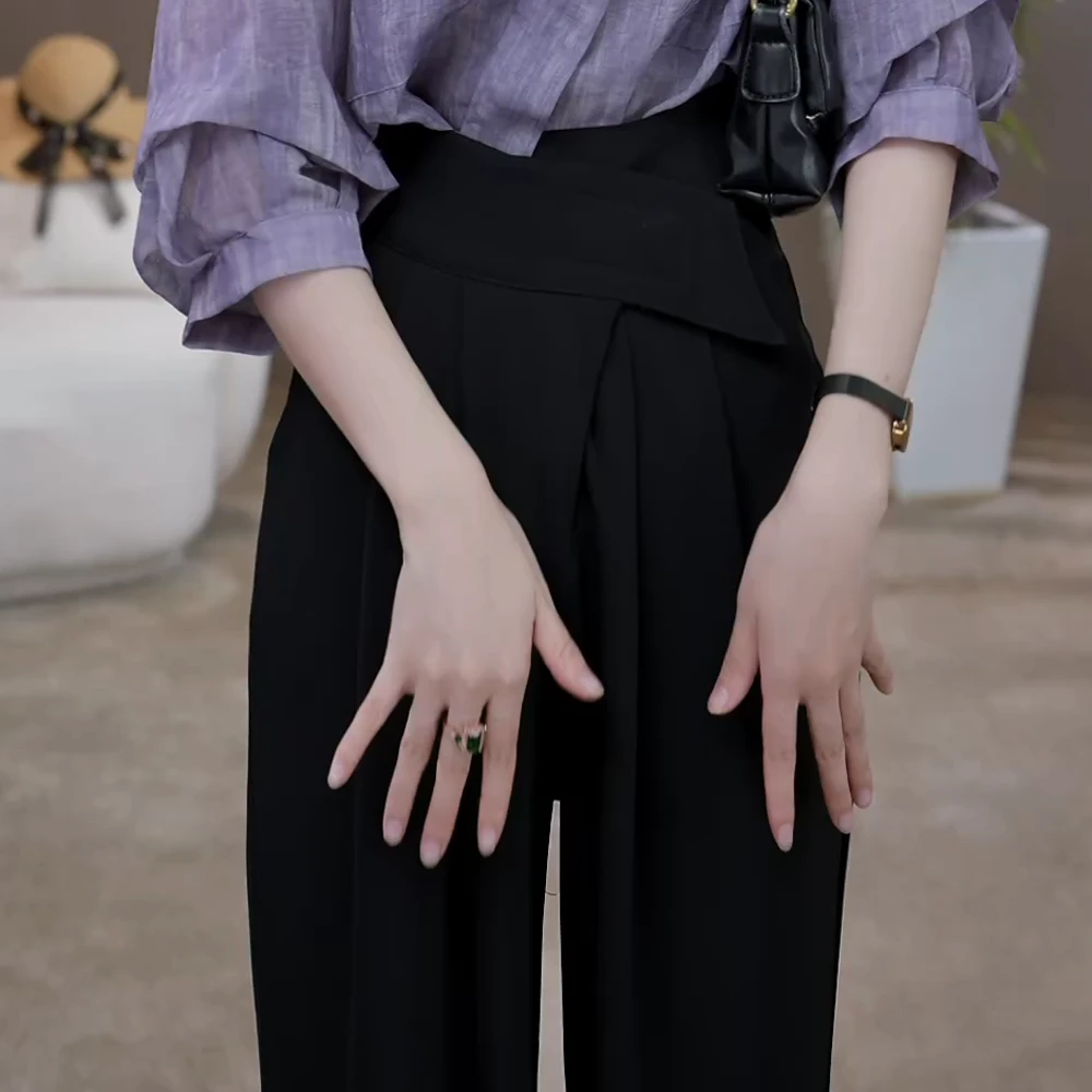 夏季新款高腰显瘦垂感休闲裤女气质百搭长裤黑色女士简约时尚