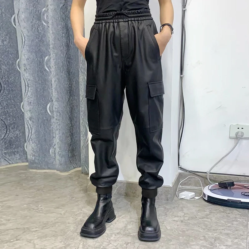 VBA 5565 断码 牛皮皮裤时尚束脚修身休闲束脚裤百搭哈伦裤