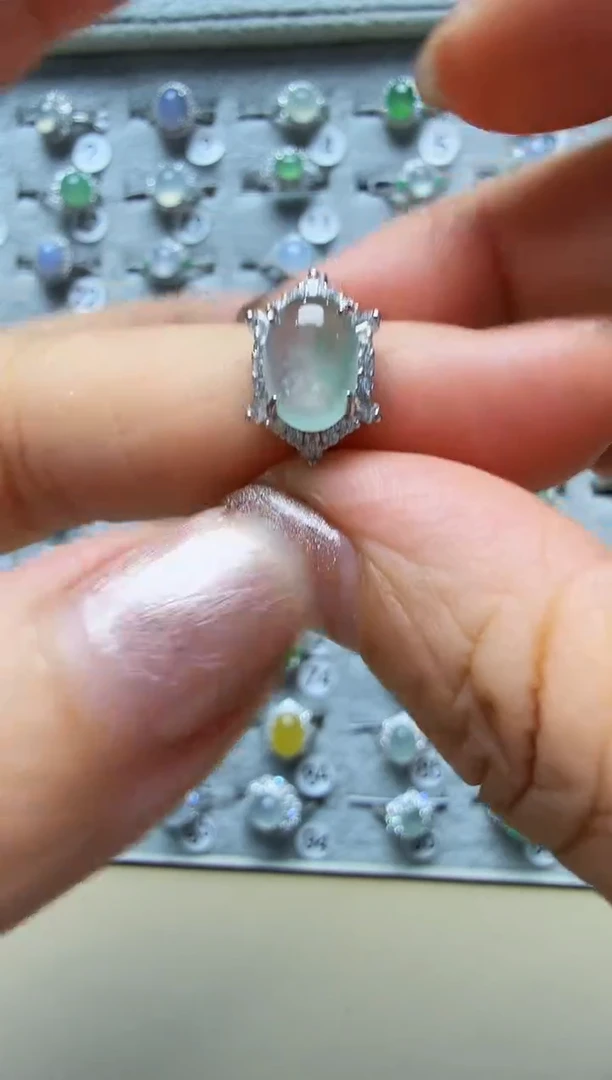 翡翠戒指银S925镶嵌925银镶缅甸A货翡翠戒指