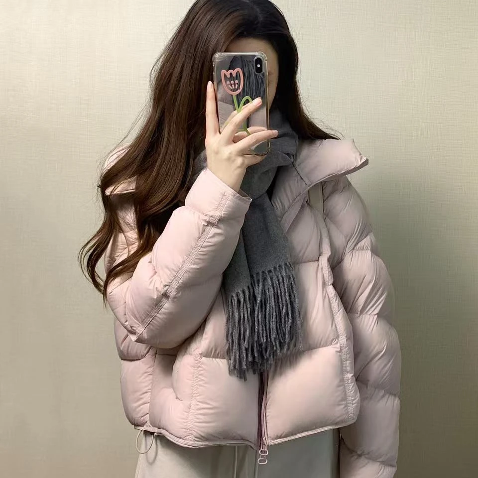 2026秋冬新款韩系简约粉色连帽保暖小个子面包服外套休闲裤两件套