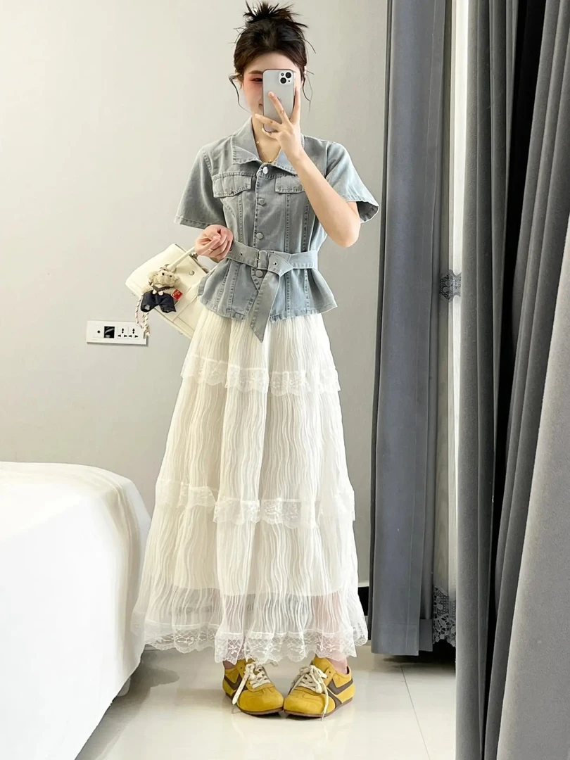 2025新款夏季韩系牛仔上衣短袖外套百搭网纱半身裙气质两件套大码