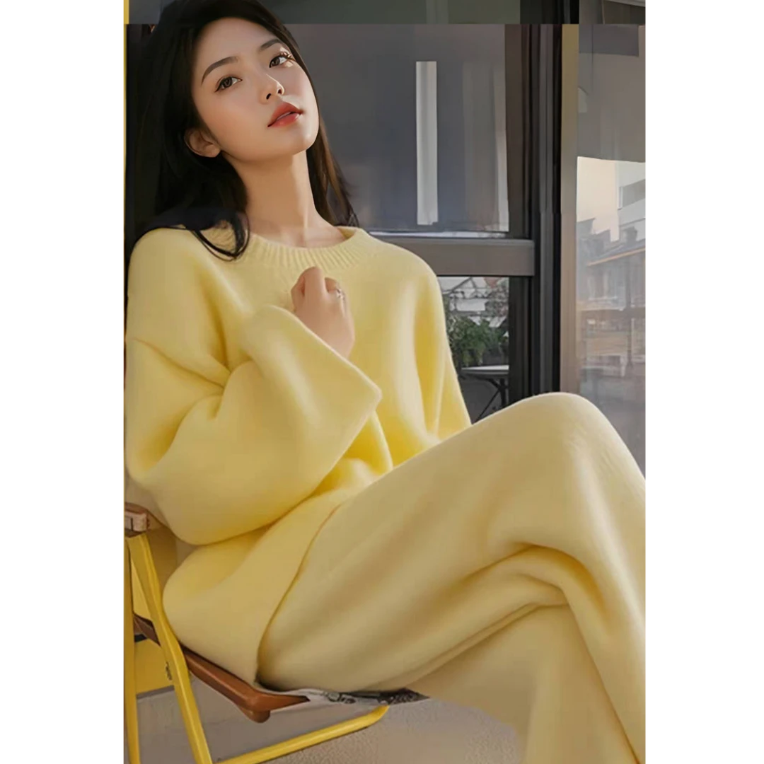 秋季穿搭一整套慵懒风韩系温柔名媛气质高级松弛感奶黄色毛衣套装