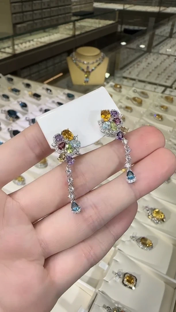 银S925镶嵌托帕石耳饰多彩宝石耳坠