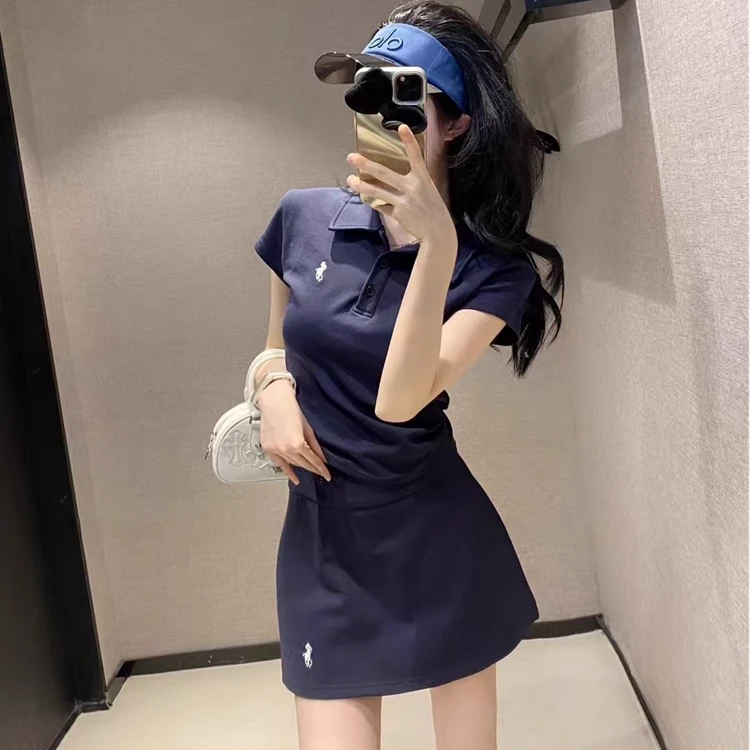 新款刺绣小马休闲运动减龄上衣POLO衫 裙裤防走光半身裙套装 8149