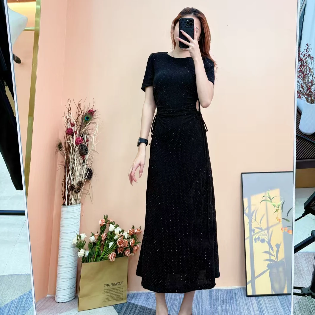 [依易原创]气质轻奢名媛风璀璨满天星抽绳收腰显瘦连衣裙A0616