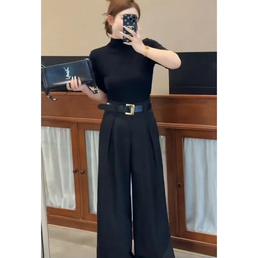 休闲裤时尚阔腿裤+显瘦小衫套装休闲黑色高腰两件套