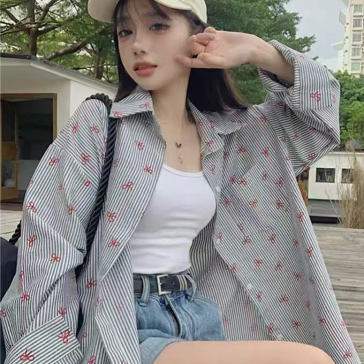 【红色蝴蝶】张丹丹蝴蝶结印花长袖衬衫女早秋新款宽松中长款防晒