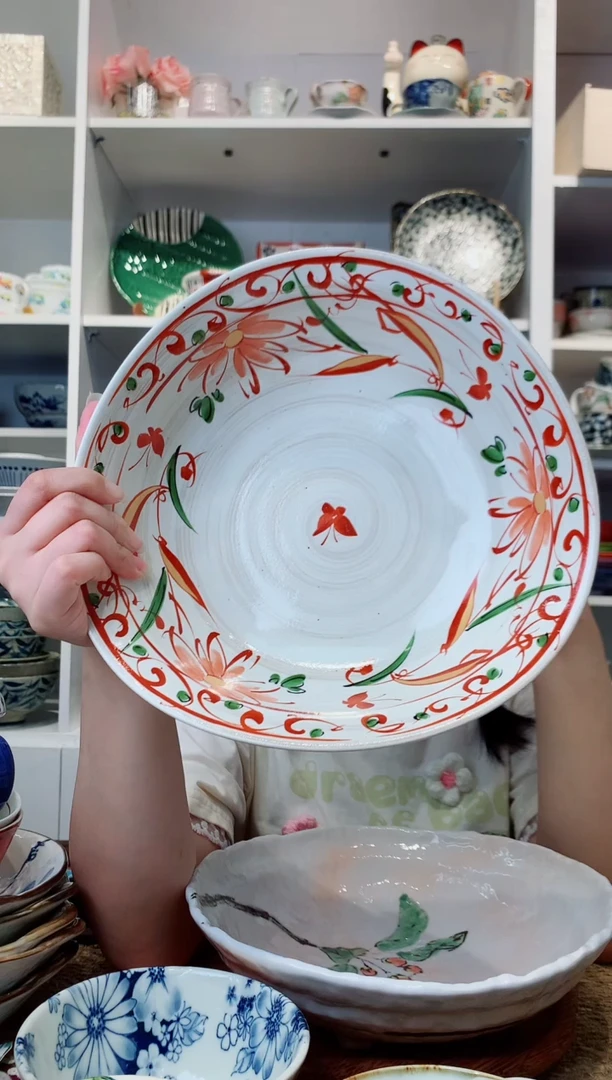 陶瓷【孤品】bloom手绘赤绘花碟三足大钵
