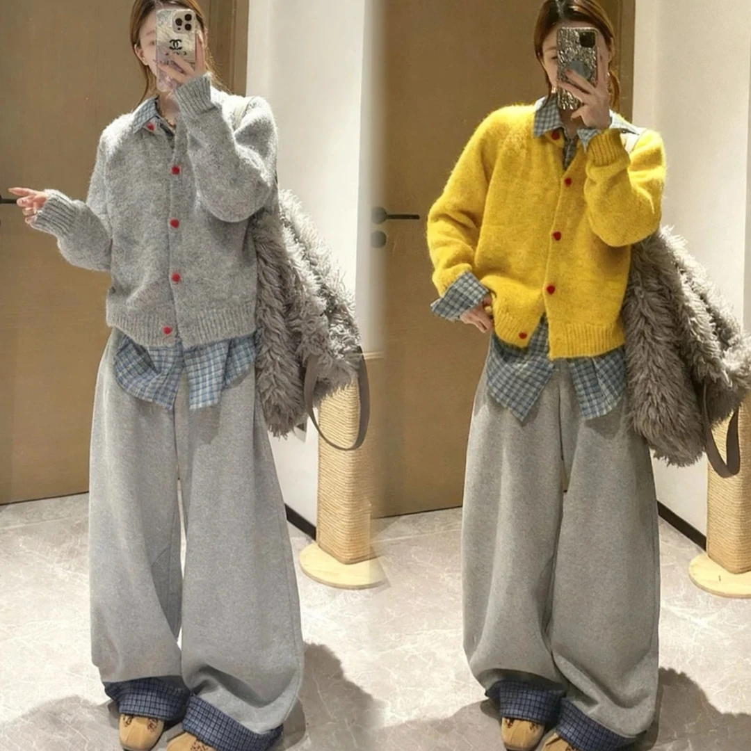 2025冬季新款大码慵懒风叠穿针织开衫加绒设计感休闲阔腿裤套装