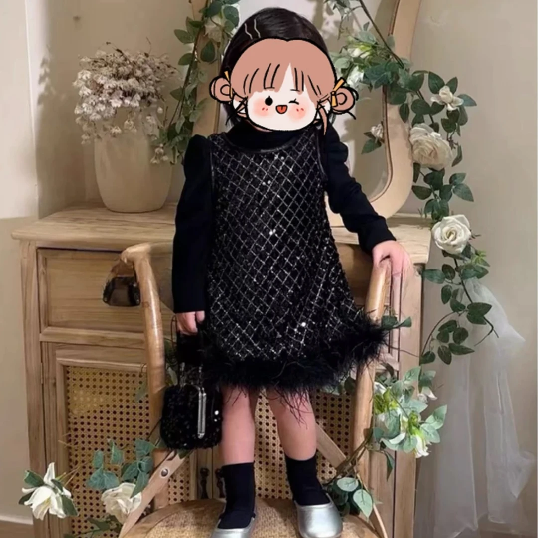 「永夜星河」新款女童连衣裙礼服亮片背心气质加绒黑色小香风裙子