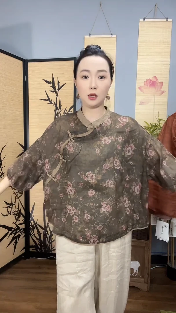 复古国风苎麻印花衬衫