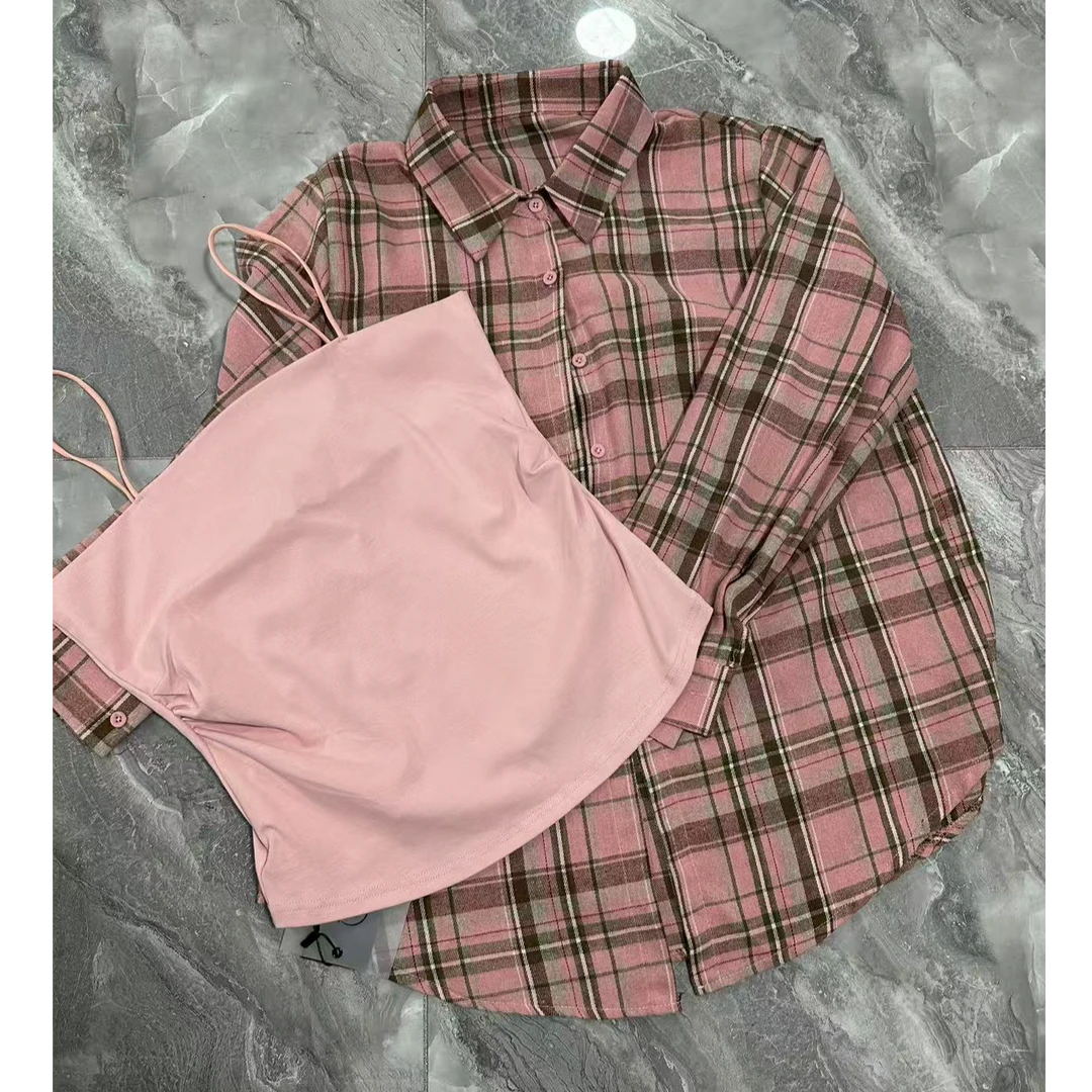 D33212新款洋气小众设计复古宽松显瘦格子衬衣+吊带背心两件套