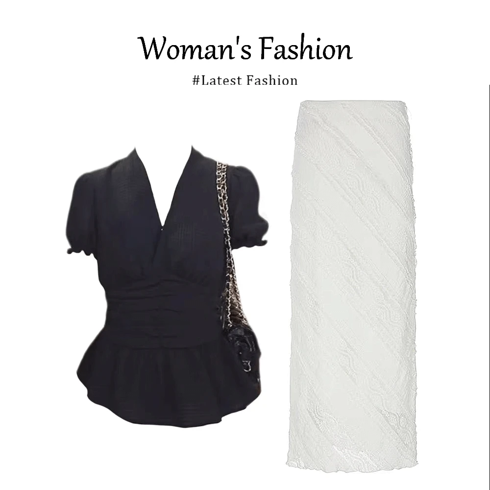 parkyeon2025夏季新款黑色纯欲短袖上衣条纹包臀半身裙气质两件套