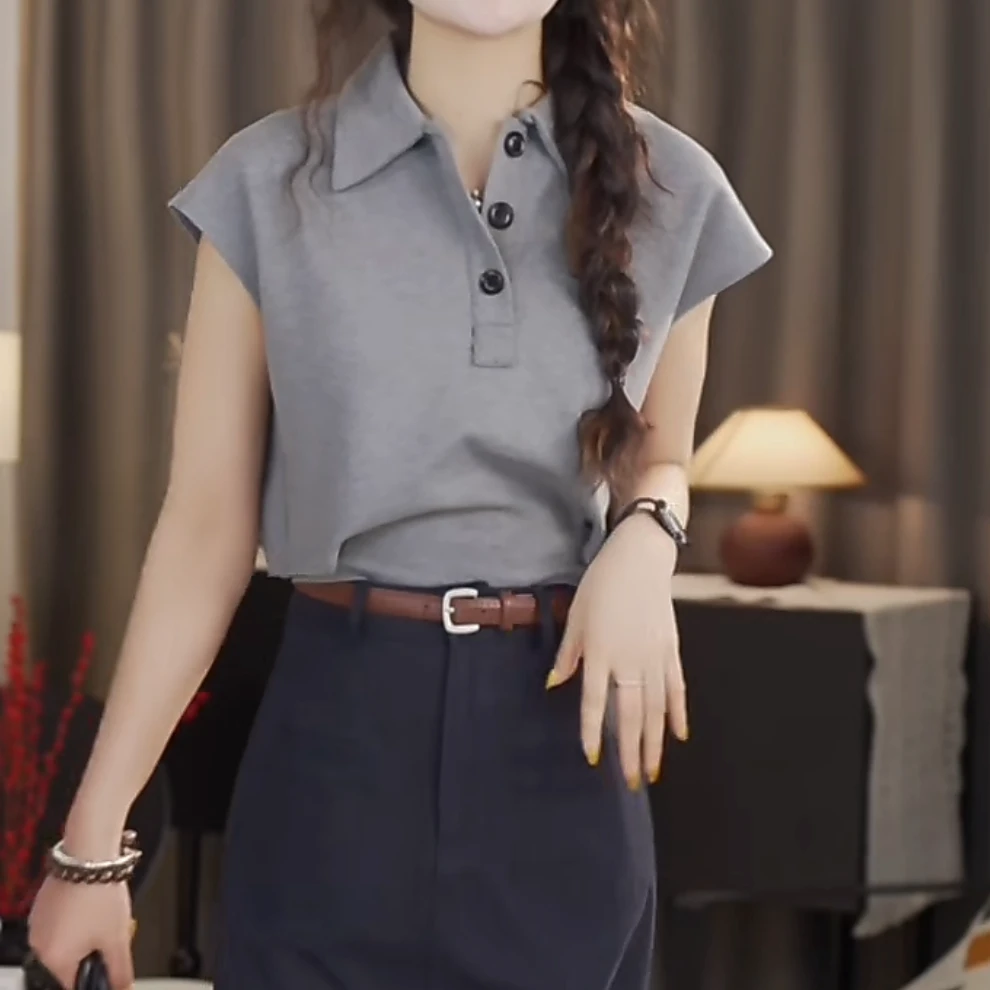 POLO领灰色t恤女2025新款春夏时尚镂空洋气休闲显瘦飞飞袖上衣