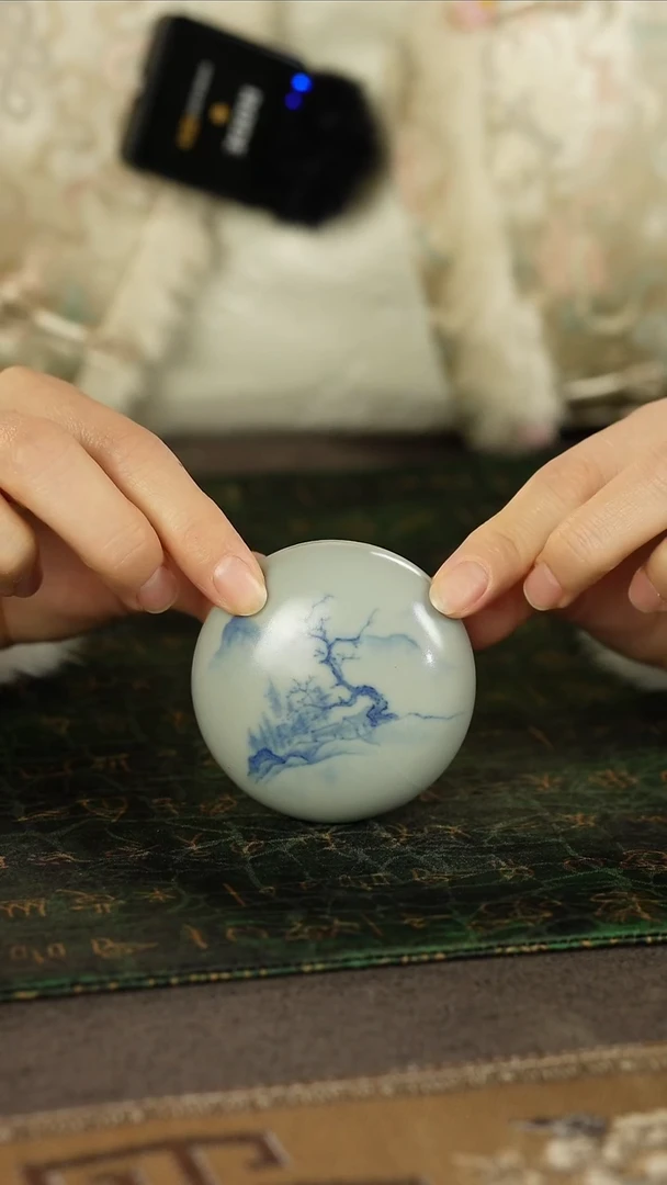 善窑厂汝窑天青手绘墩墩盖置