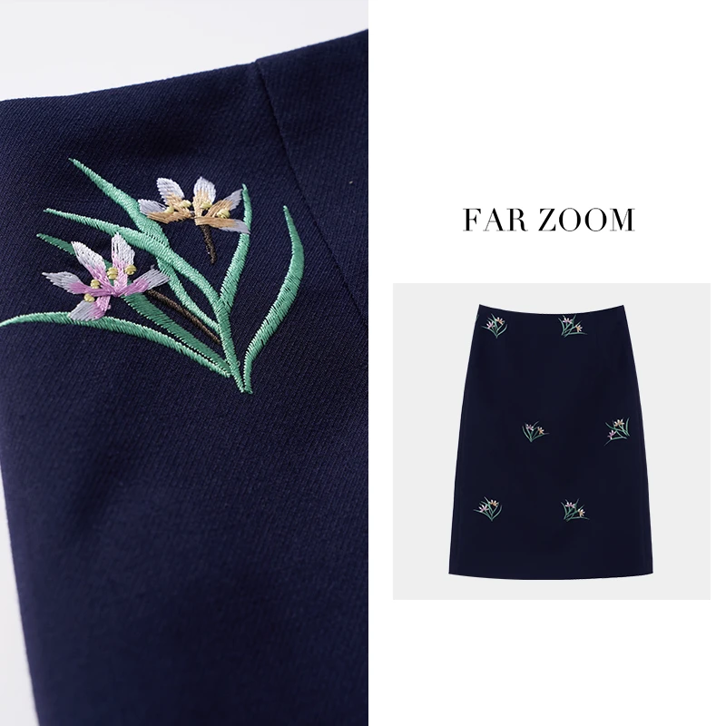 FAR ZOOM  羊毛天丝棉混纺刺绣藏青色中长款半身裙