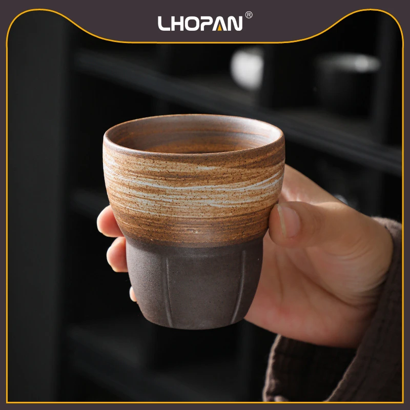 Lhopan 陶瓷咖啡杯 家用粗陶杯子创意浓缩杯手工描釉茶杯个人水杯