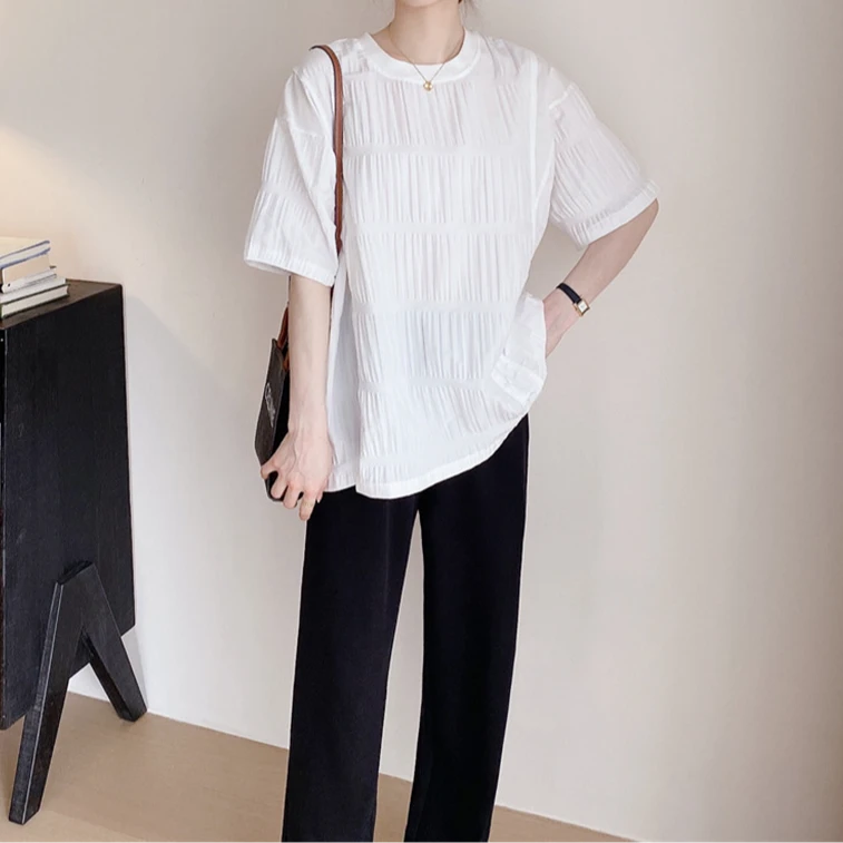 宝丫轻奢  T女式重工不规则压褶拼接衬衫短袖T恤K2495