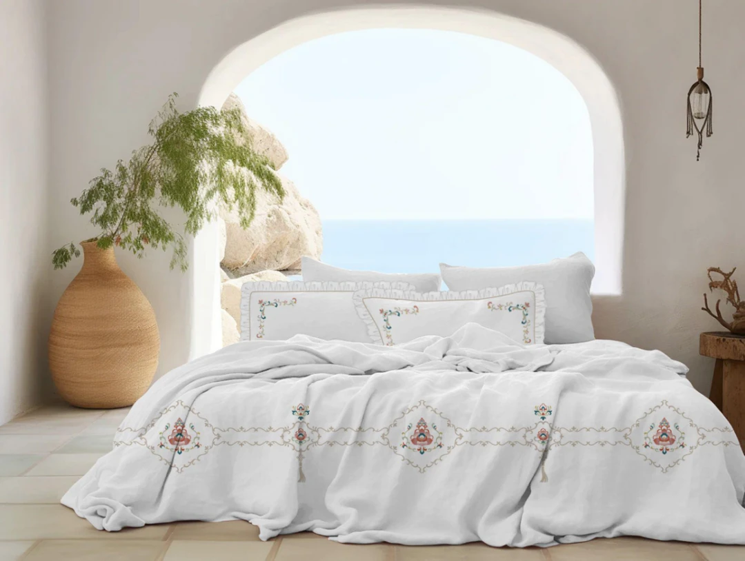 【麻先森-浅夏绣歌】100%亚麻四件套荷叶边小清新刺绣床品套件