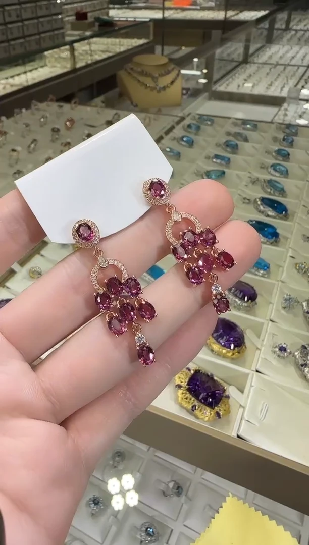 银S925镶嵌耳饰石榴石3*6mm耳坠流苏设计款