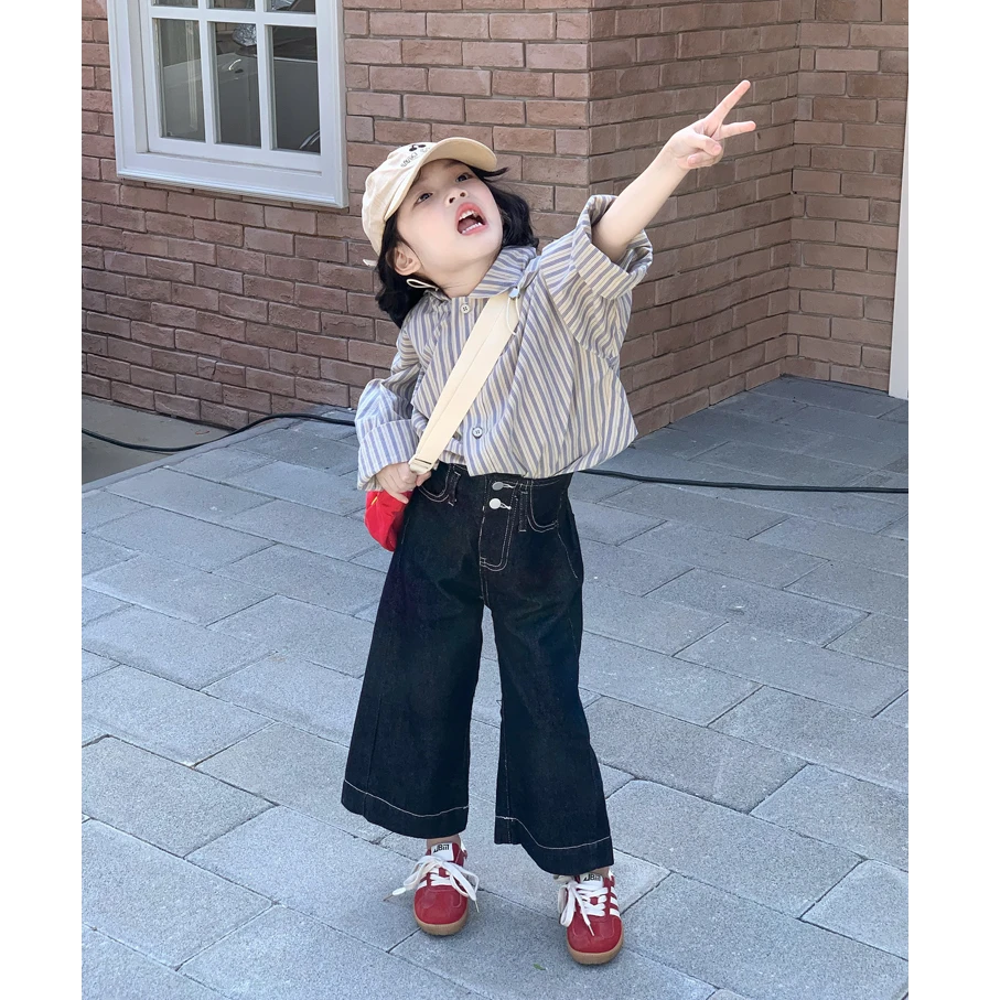 现货】韩版童装小女孩秋装2025新款女童牛仔裤蓝色复古休闲直筒裤