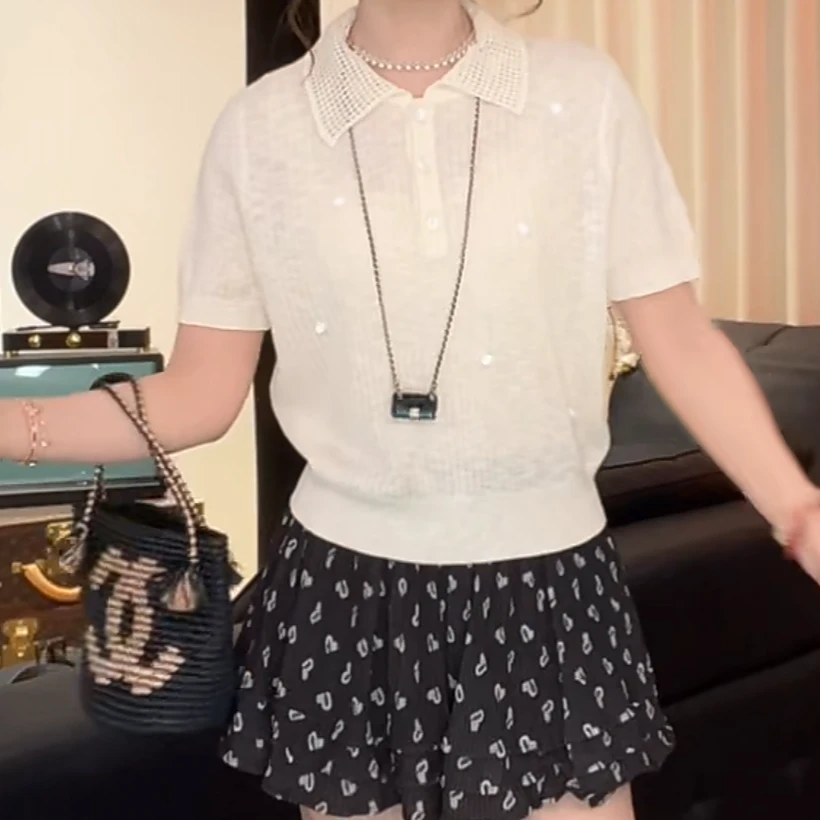 针织上衣镂空POLO领2025年夏季新款时尚洋气高级感短袖设计感T恤