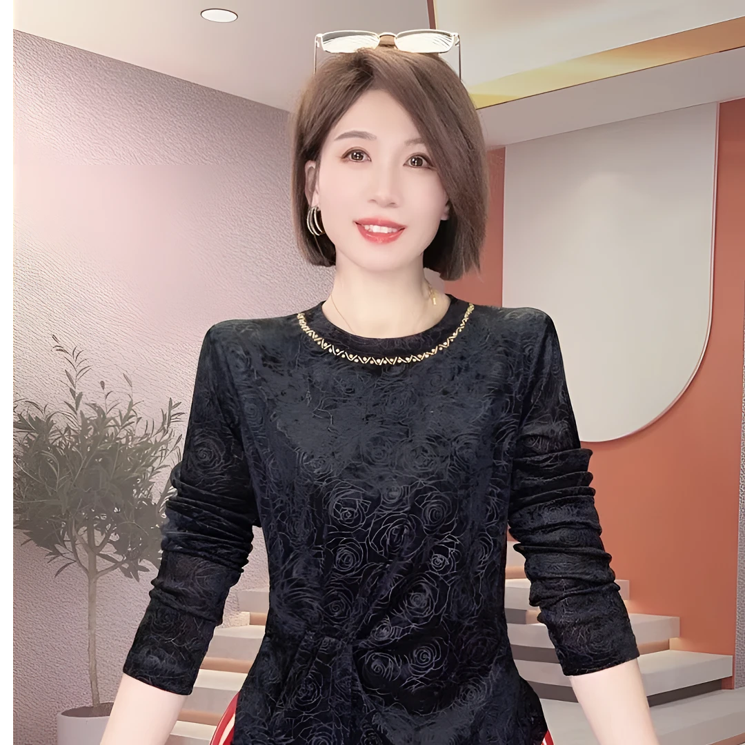 重工钉珠打底衫女款爆款2025新款T恤女大码遮肚显瘦气质丝绒上衣t