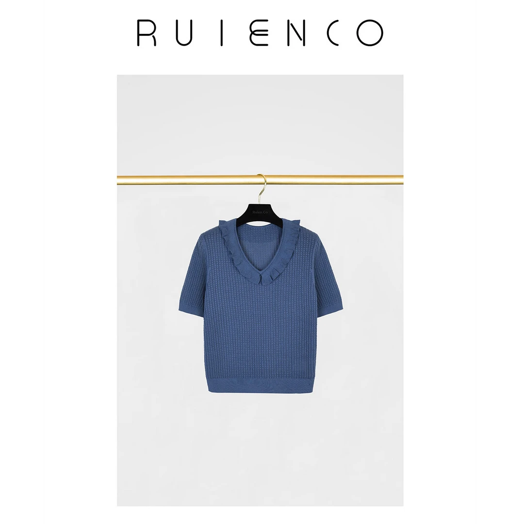 我是摩羯 蓝风铃 100高捻棉坑条镂空14针春夏荷叶边V领针织衫