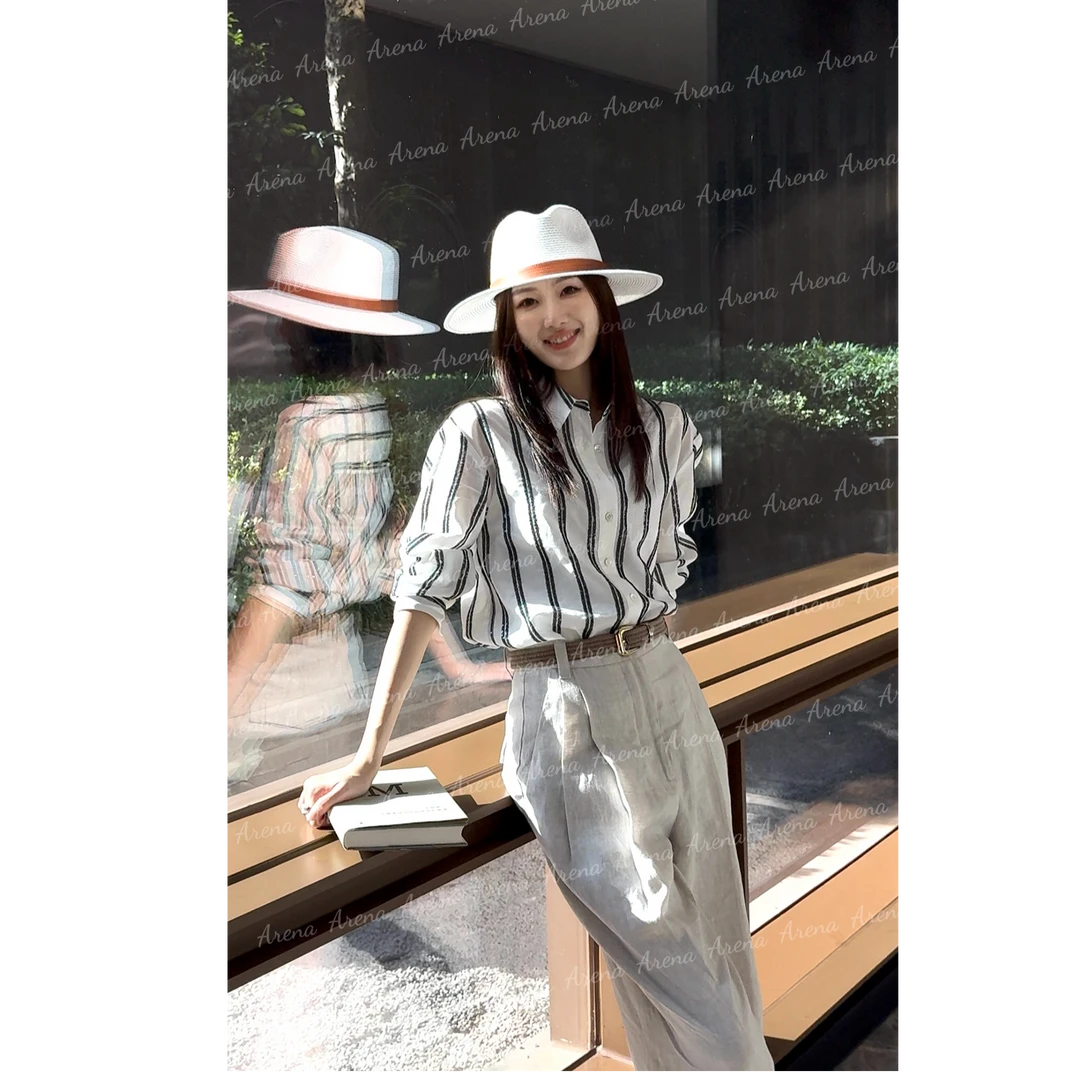 THE ARENA“城市漫游”桑蚕丝棉珠片刺绣竖条拼接衬衫25-511