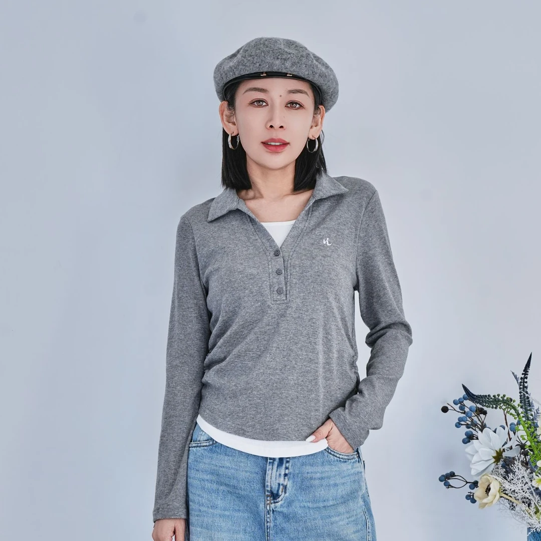 【飘宿】春季新款打底衫长袖短款休闲翻领显瘦假两件5010613