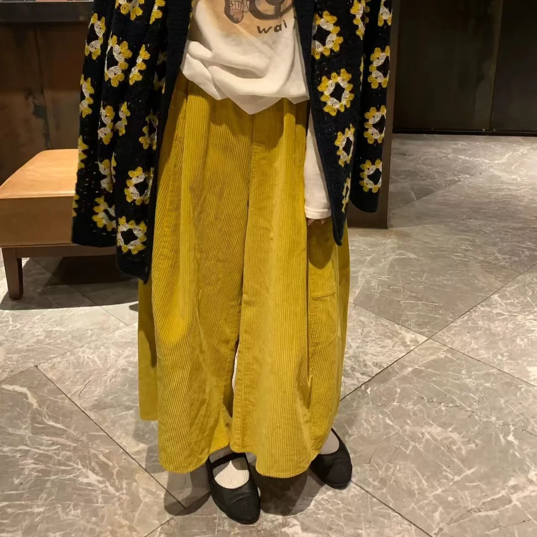 韩系复古黄色灯芯绒阔腿裤女秋宽松显瘦九分气球裤休闲条绒八分裤