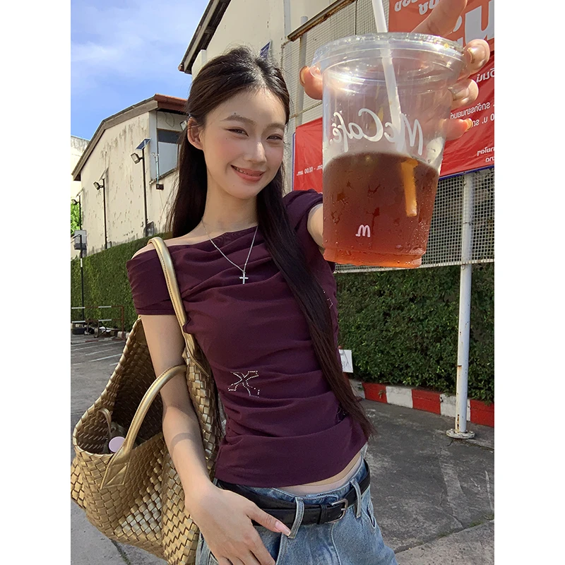 【紫水晶】夏季纯欲显瘦烫钻辣妹短款复古一字肩设计感T恤251H0152#