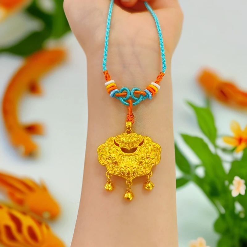 硬足金【铃铛锦鲤锁】精美大气编绳素款宝宝锁黄金