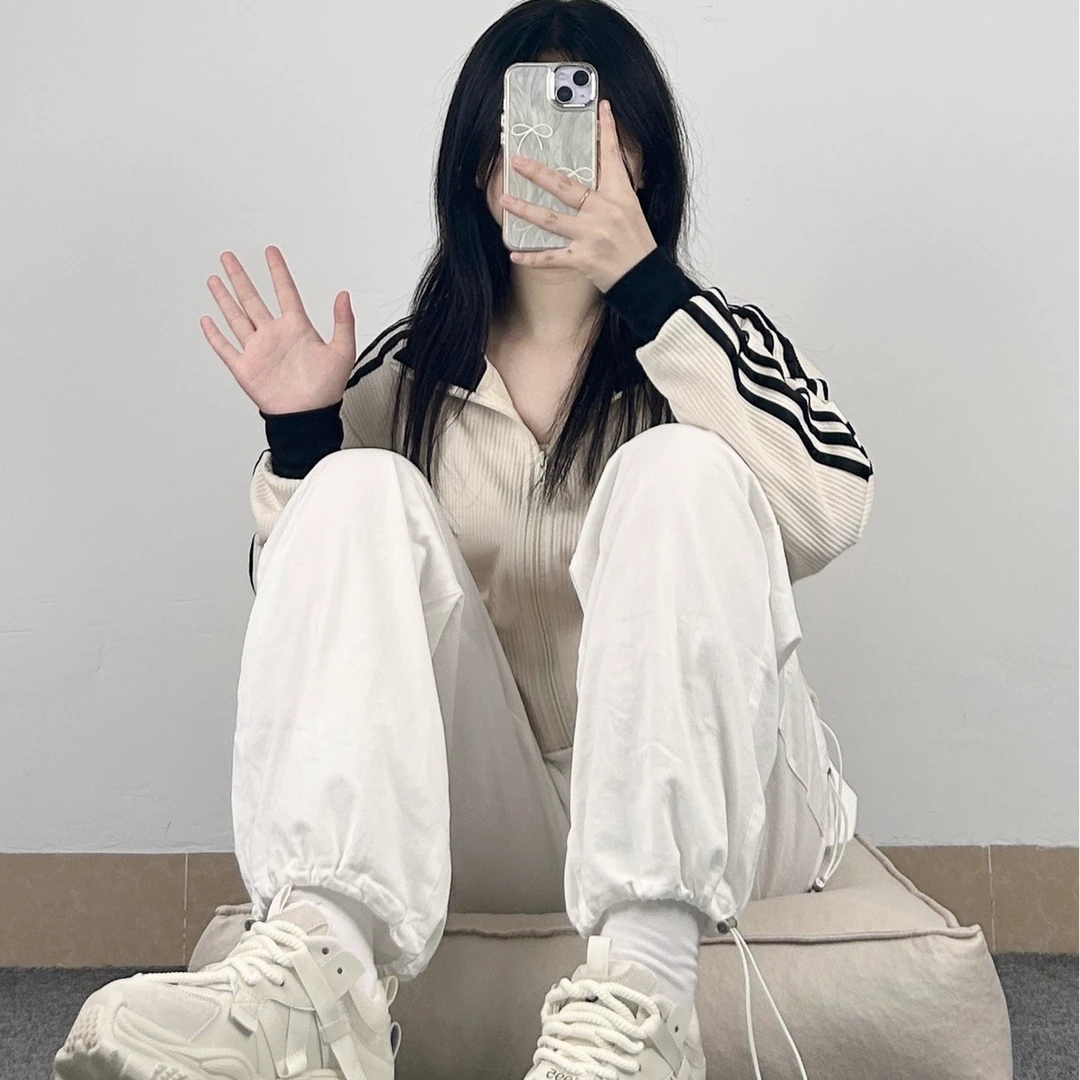 【商场撤柜】针织条纹休闲运动夹克男女同款刺绣春秋立领外套