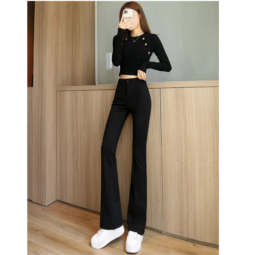 春秋时尚微喇叭百搭高腰外穿修身显瘦时尚垂感微喇女神裤T7796