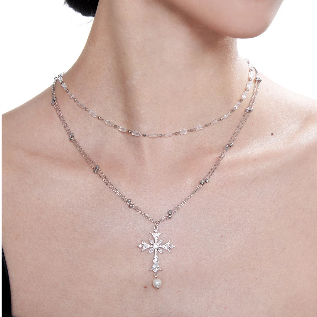 钛钢锆石吊坠 浮U生物 破碎都市原创十字架吊坠叠戴复古百搭项链