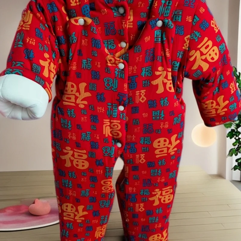 红色百福手工棉花衣牛奶丝棉上下背带套装