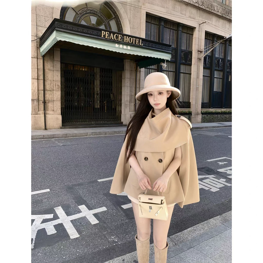 驼色毛呢斗篷外套秋冬季新款英伦风复古设计感小众气质披肩式上衣