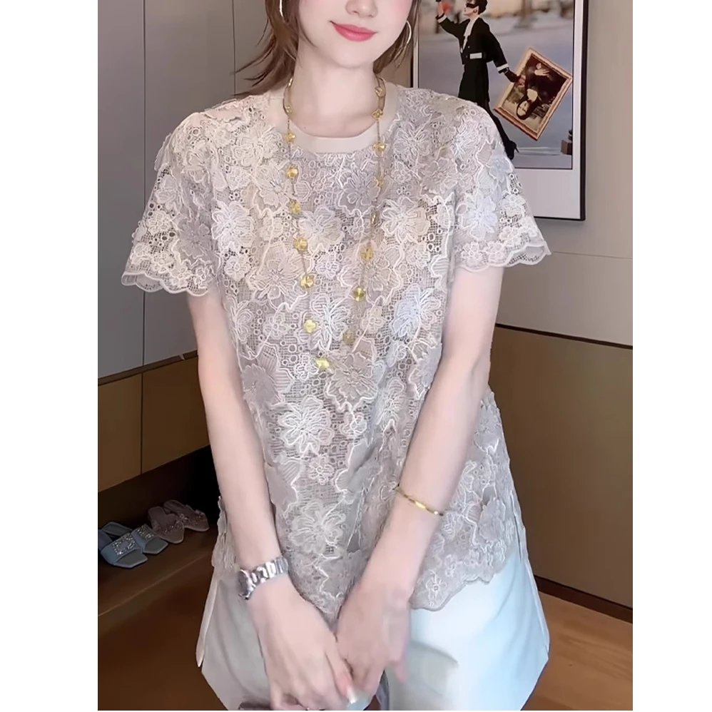 高端圆领蕾丝钩花短袖女2025夏季新款法式欧若风胖mm大码气质上衣