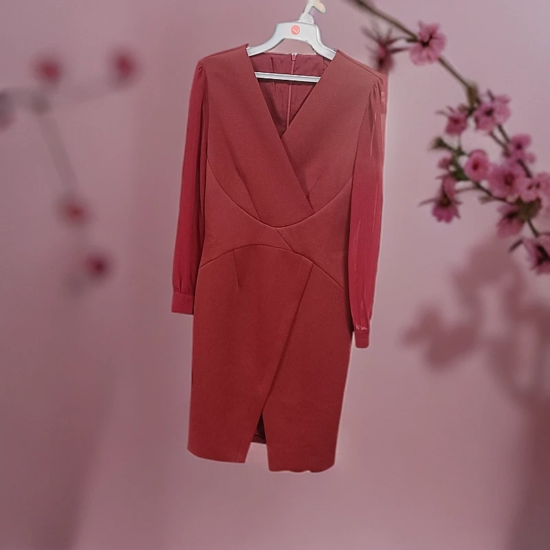 春秋V领纯色收腰显瘦前开叉连衣裙S675